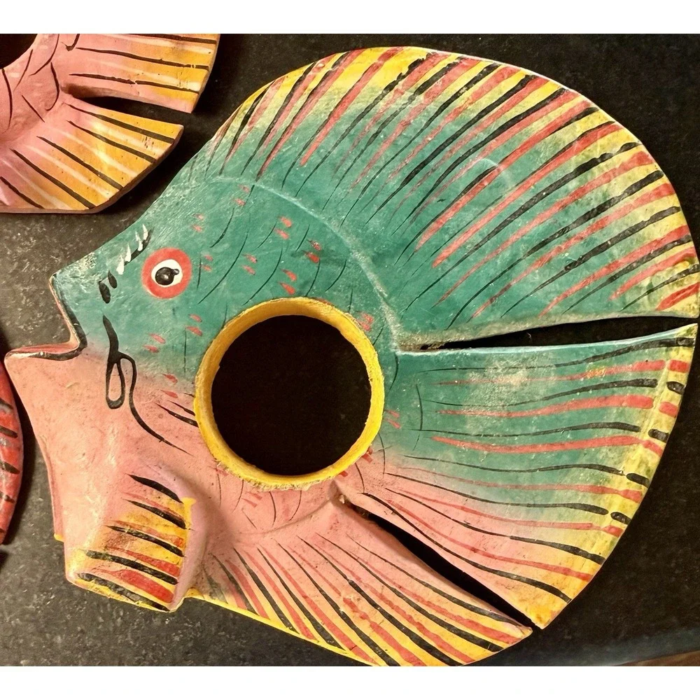 Vintage Hand Carved Wooden Fish Napkin Rings Lot of 19 Philippines Tiki MCM